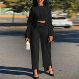 Short Top Casual High Waist Straight Pants Suit - Nioor