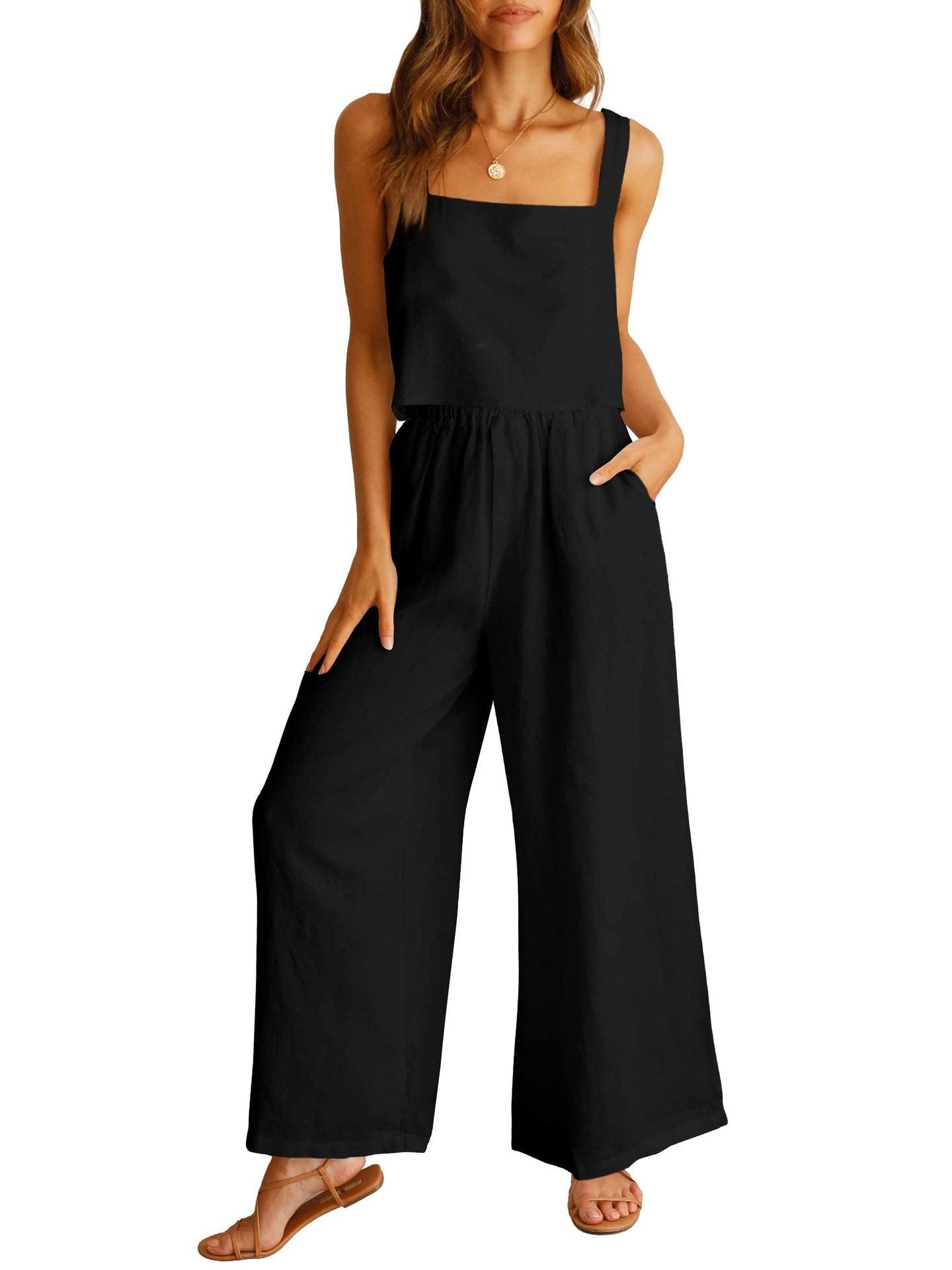 Sleeveless Camisole Wide Leg Pants Casual Suit - Nioor