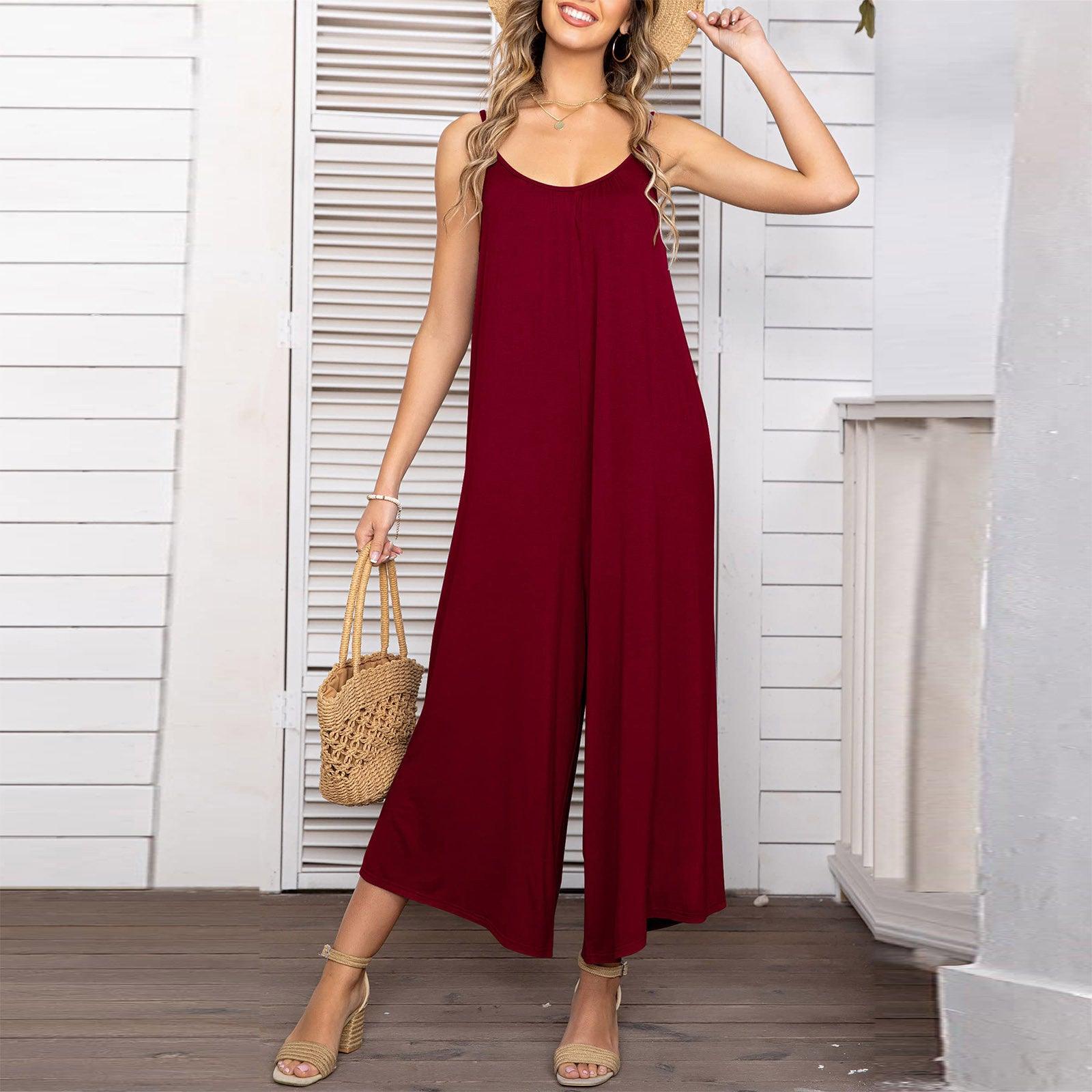 Sleeveless Skinny Strap Jumpsuit Wide Leg Pants - Nioor