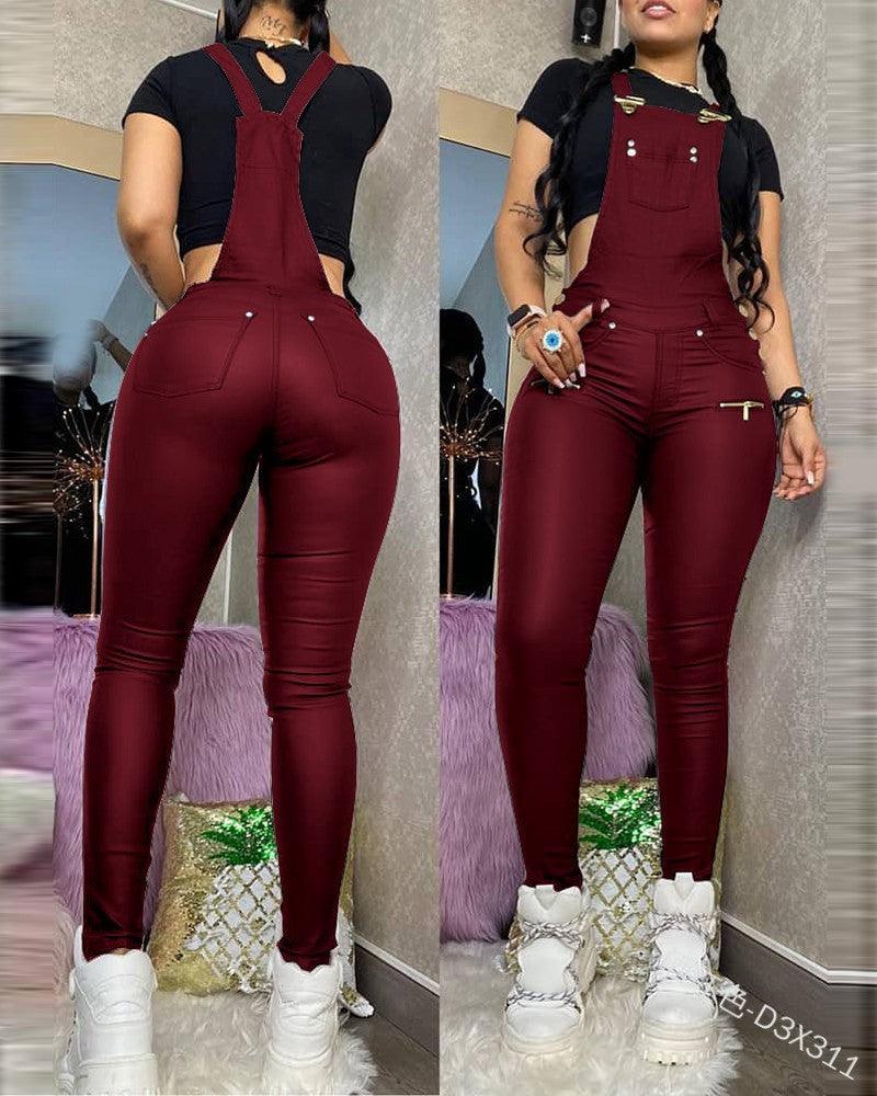 Slim-fit Zipper Overalls Skinny Sexy Leather Pants - Nioor