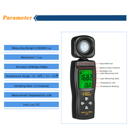 SMART SENSOR AS803 Mini Digital Lux Meter LCD Display Illuminometer UV Radiometers Photometer Luxmeter Light Meter 0-200000 Lux - Nioor