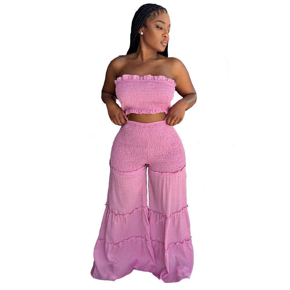 Smocking Wooden Ear Stitching Strapless Pants Two-piece Suit - Nioor