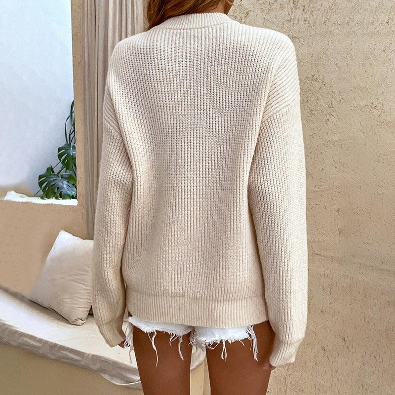 Solid Button Pullover Women's Round Neck Sweater Top - Nioor