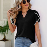 Solid Color And V-neck Lace Petal Sleeve T-shirt Casual Top - Nioor