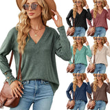 Solid Color And V-neck Loose Long Sleeve Button T-shirt Top - Nioor