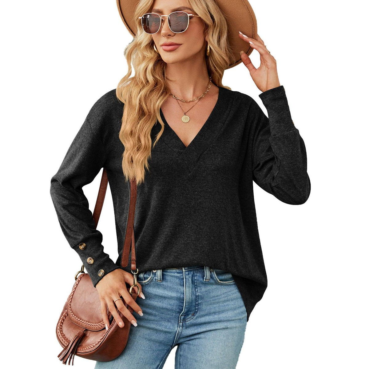 Solid Color And V-neck Loose Long Sleeve Button T-shirt Top - Nioor