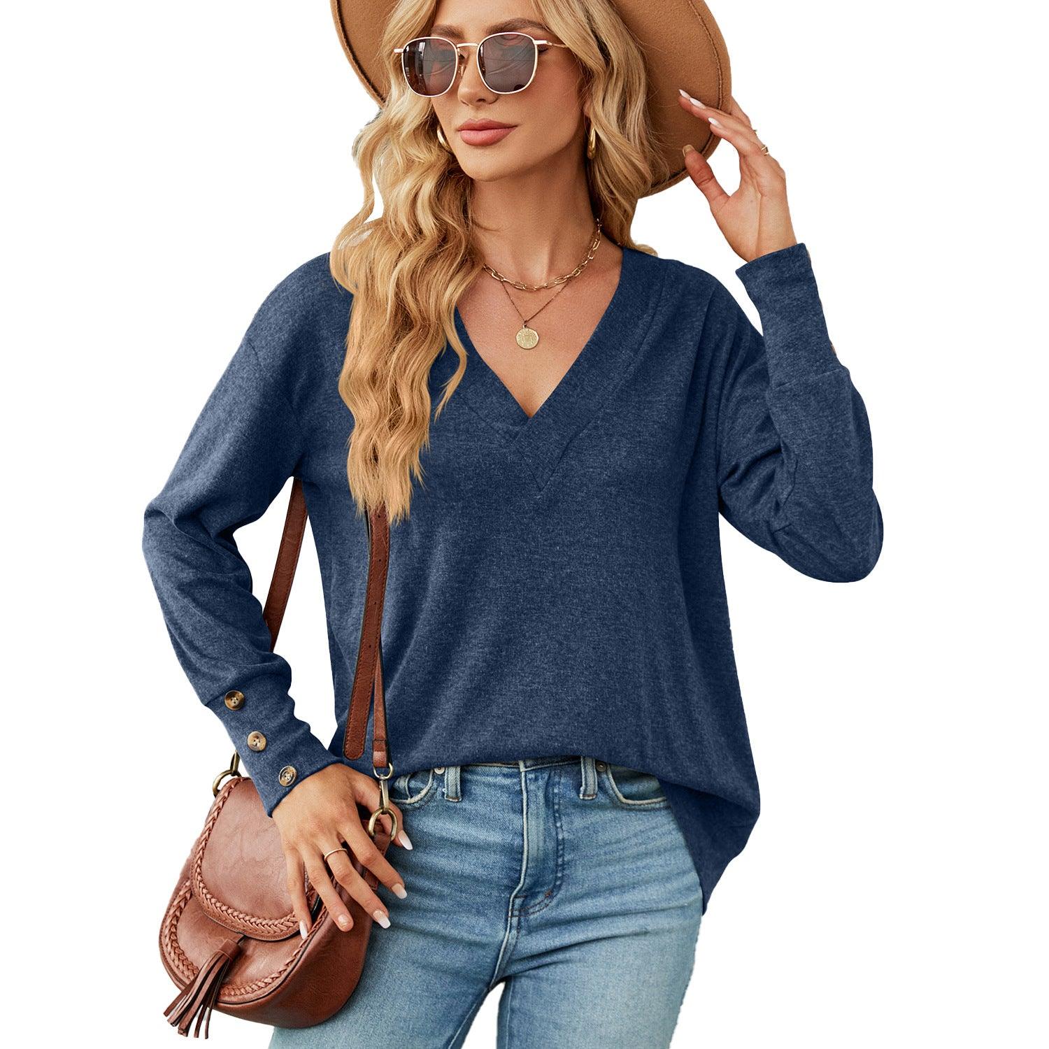 Solid Color And V-neck Loose Long Sleeve Button T-shirt Top - Nioor