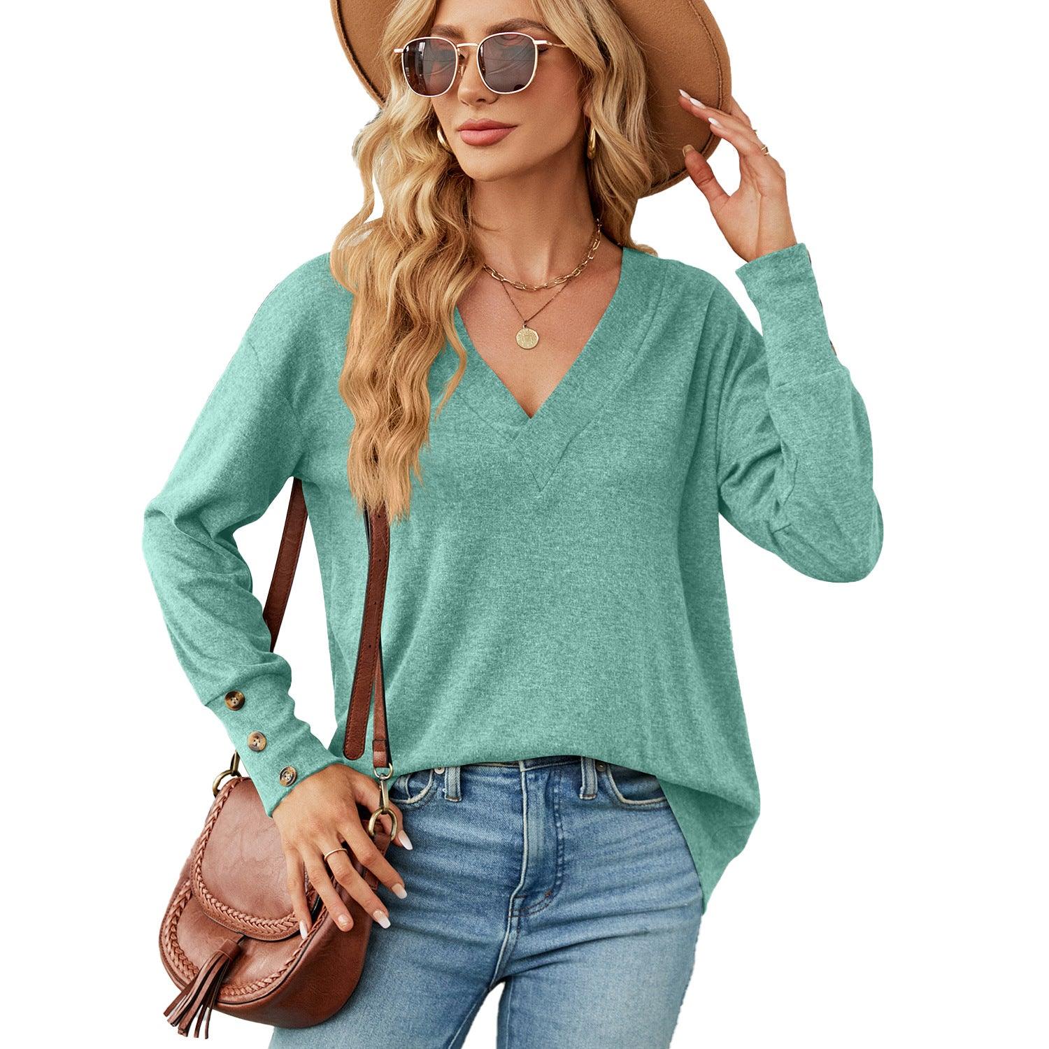 Solid Color And V-neck Loose Long Sleeve Button T-shirt Top - Nioor