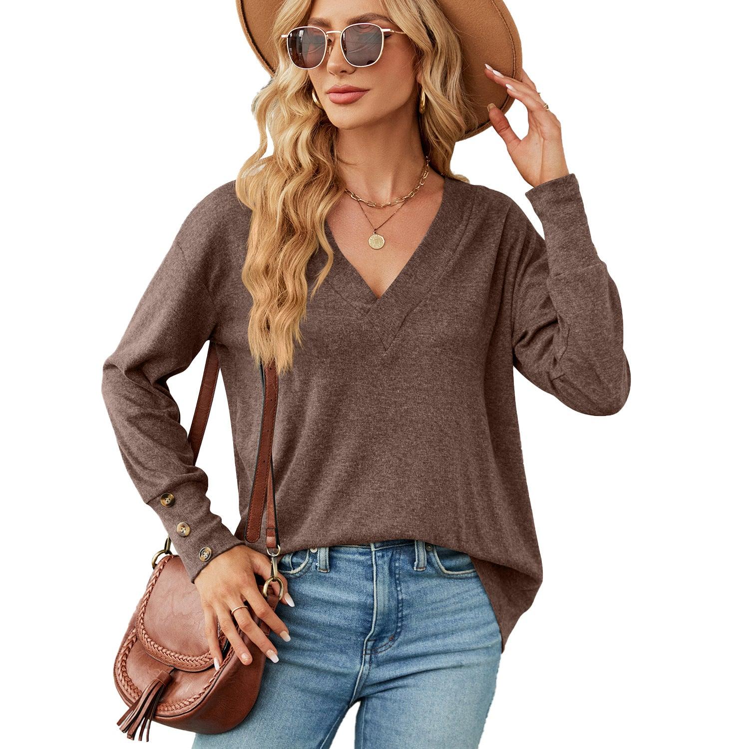 Solid Color And V-neck Loose Long Sleeve Button T-shirt Top - Nioor