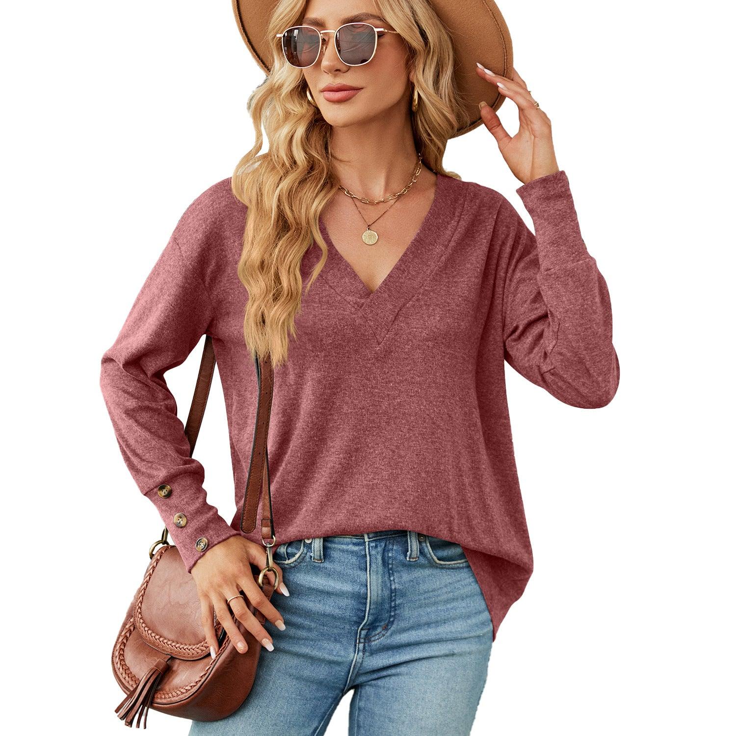 Solid Color And V-neck Loose Long Sleeve Button T-shirt Top - Nioor