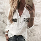 Solid Color And V-neck Sequined Pocket Shirt Loose Long Sleeve Shirt - Nioor