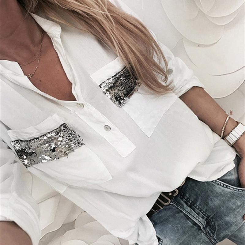 Solid Color And V-neck Sequined Pocket Shirt Loose Long Sleeve Shirt - Nioor