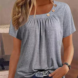 Solid Color Buttons Element Short Sleeve Round Neck T-shirt - Nioor