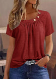 Solid Color Buttons Element Short Sleeve Round Neck T-shirt - Nioor