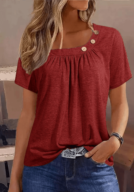 Solid Color Buttons Element Short Sleeve Round Neck T-shirt - Nioor