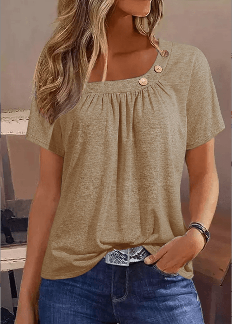 Solid Color Buttons Element Short Sleeve Round Neck T-shirt - Nioor