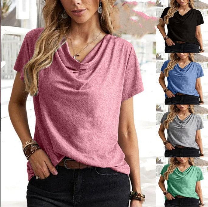 Solid Color Casual Fashion V-neck Short Sleeve T-shirt For Women - Nioor