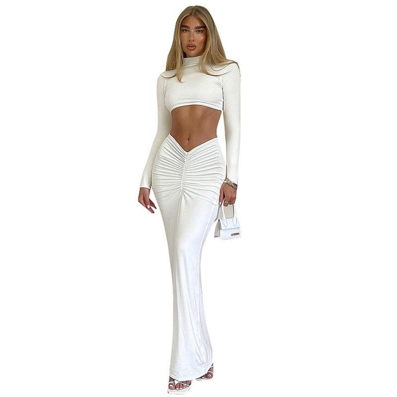 Solid Color Casual Long-sleeved Turtleneck Top Long Skirt Suit - Nioor