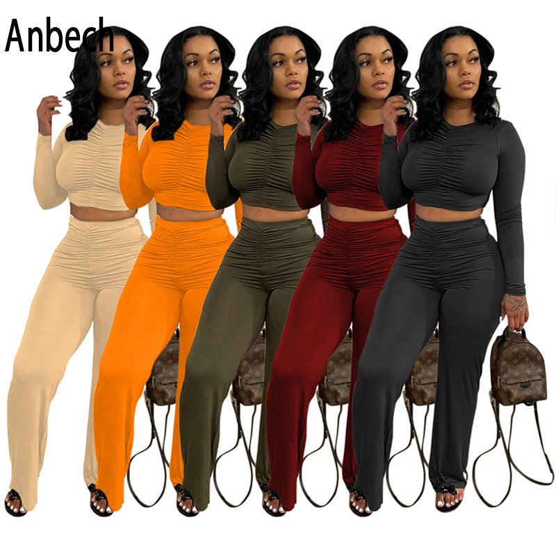 Solid Color Casual Long Sleeves Top New Sports Trousers Two-piece Set - Nioor