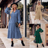 Solid Color Casual Shirt Collar Waist-controlled Long Sleeves Dress - Nioor