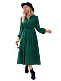 Solid Color Casual Shirt Collar Waist-controlled Long Sleeves Dress - Nioor