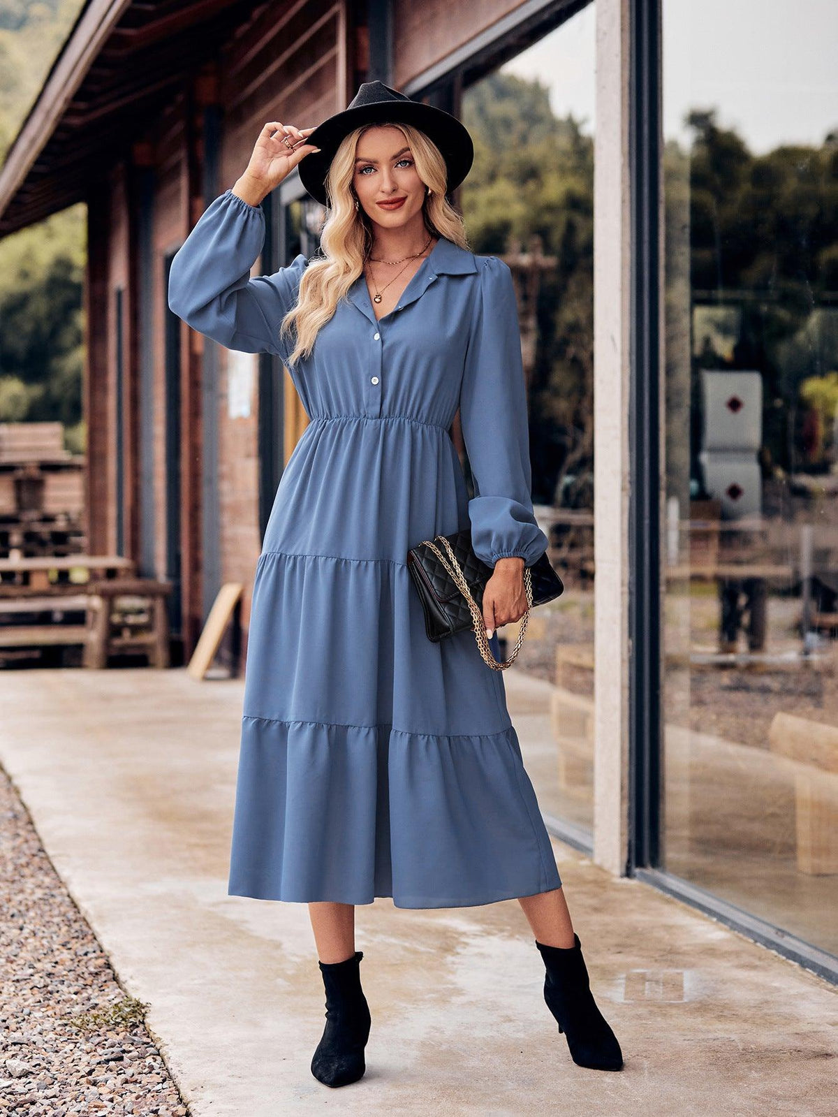 Solid Color Casual Shirt Collar Waist-controlled Long Sleeves Dress - Nioor