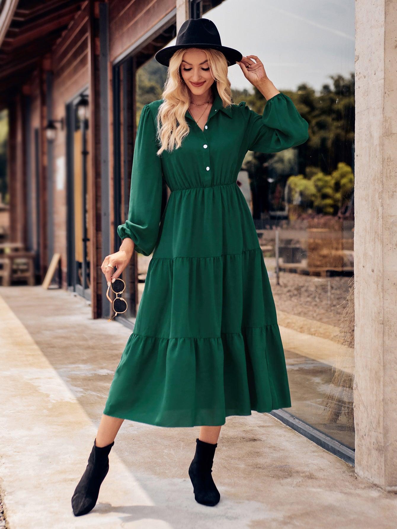 Solid Color Casual Shirt Collar Waist-controlled Long Sleeves Dress - Nioor