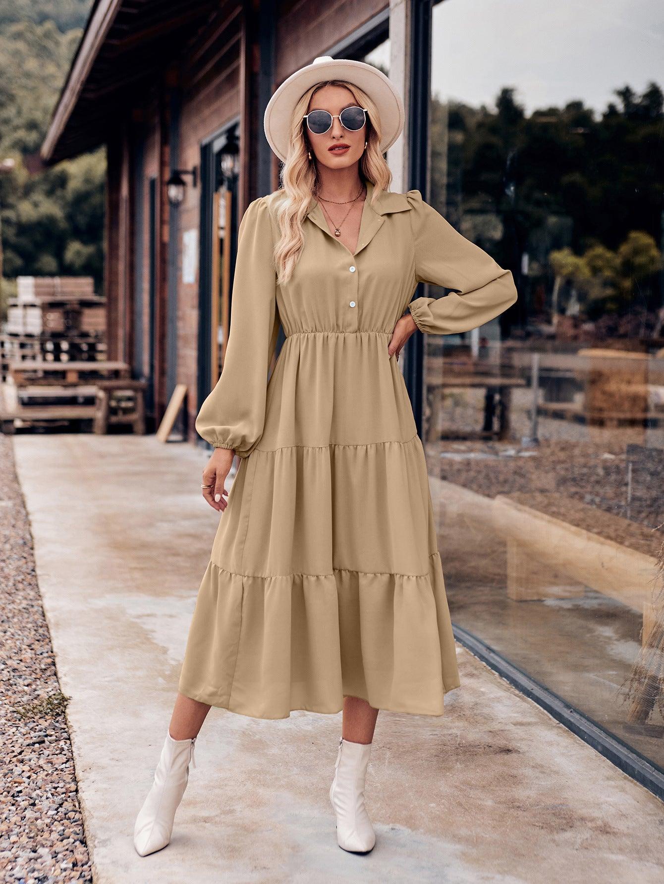 Solid Color Casual Shirt Collar Waist-controlled Long Sleeves Dress - Nioor