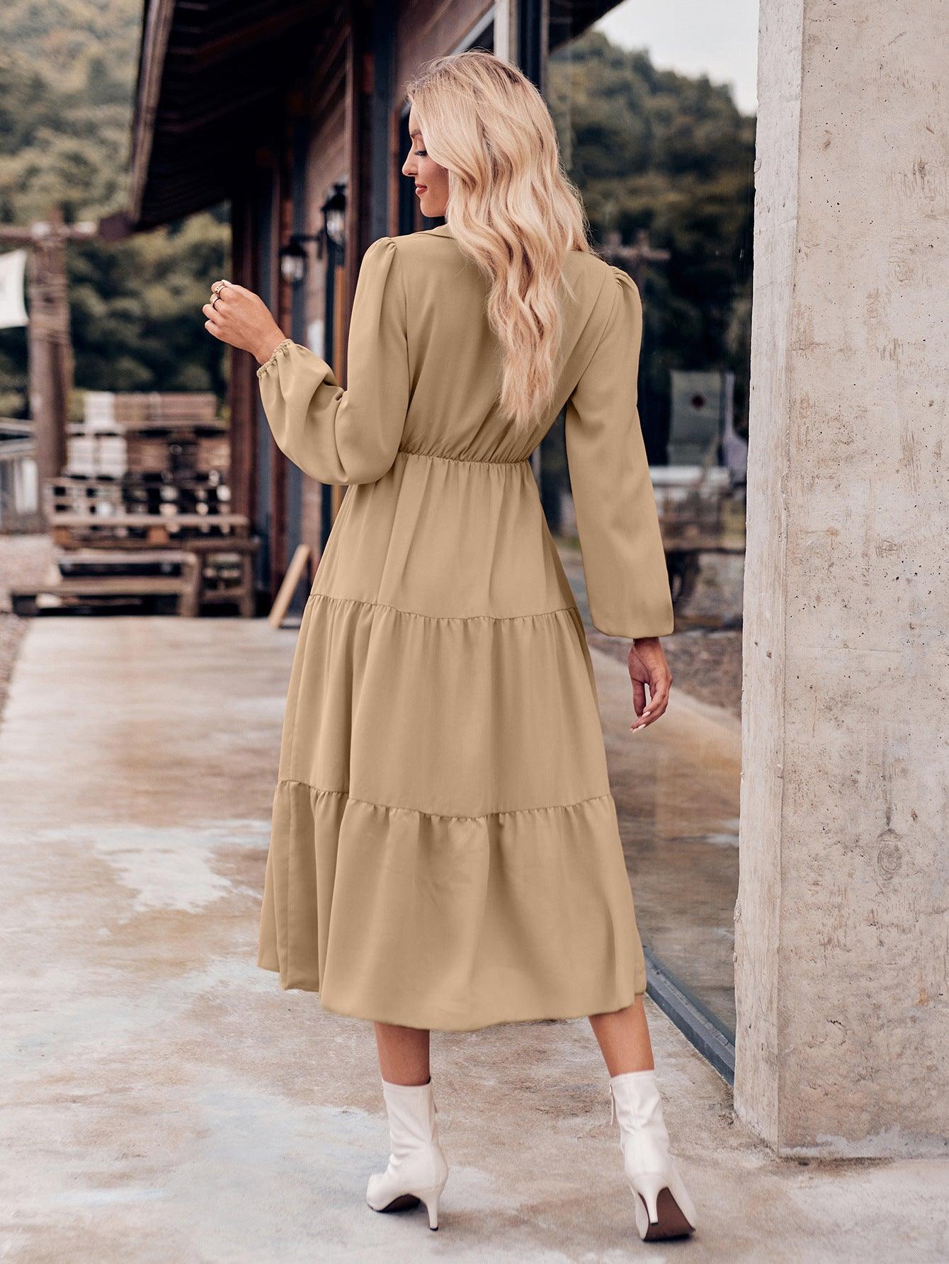 Solid Color Casual Shirt Collar Waist-controlled Long Sleeves Dress - Nioor