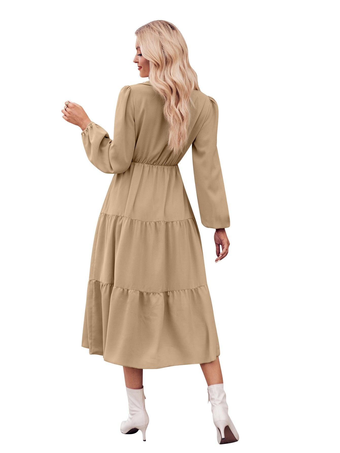 Solid Color Casual Shirt Collar Waist-controlled Long Sleeves Dress - Nioor