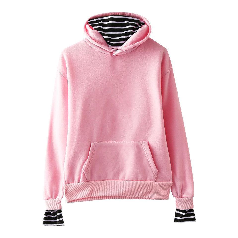 Solid Color False Two-piece Hooded Pullover Fleece Striped Oversleeves Korean Style Trendy Hooded Blank Fake Two Pieces - Nioor