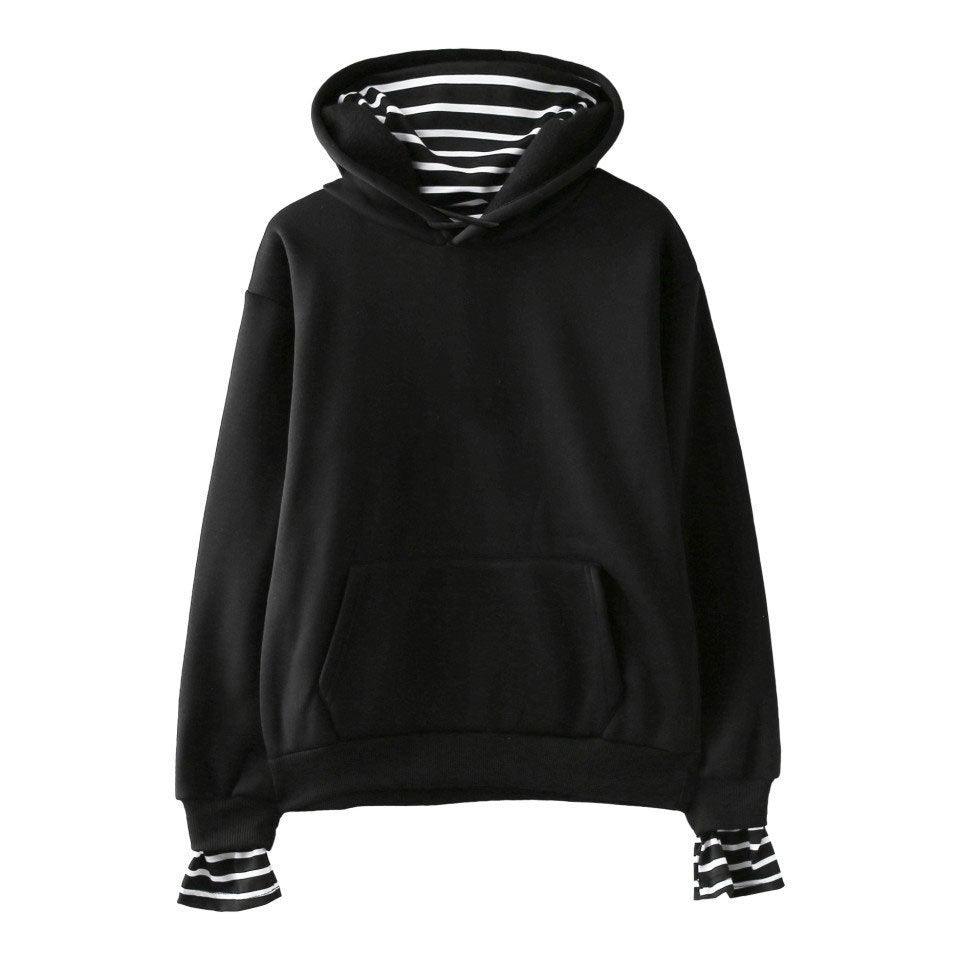 Solid Color False Two-piece Hooded Pullover Fleece Striped Oversleeves Korean Style Trendy Hooded Blank Fake Two Pieces - Nioor