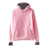 Solid Color False Two-piece Hooded Pullover Fleece Striped Oversleeves Korean Style Trendy Hooded Blank Fake Two Pieces - Nioor