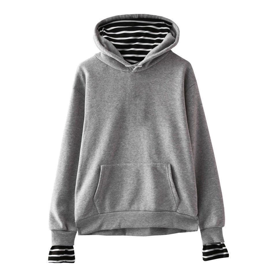 Solid Color False Two-piece Hooded Pullover Fleece Striped Oversleeves Korean Style Trendy Hooded Blank Fake Two Pieces - Nioor