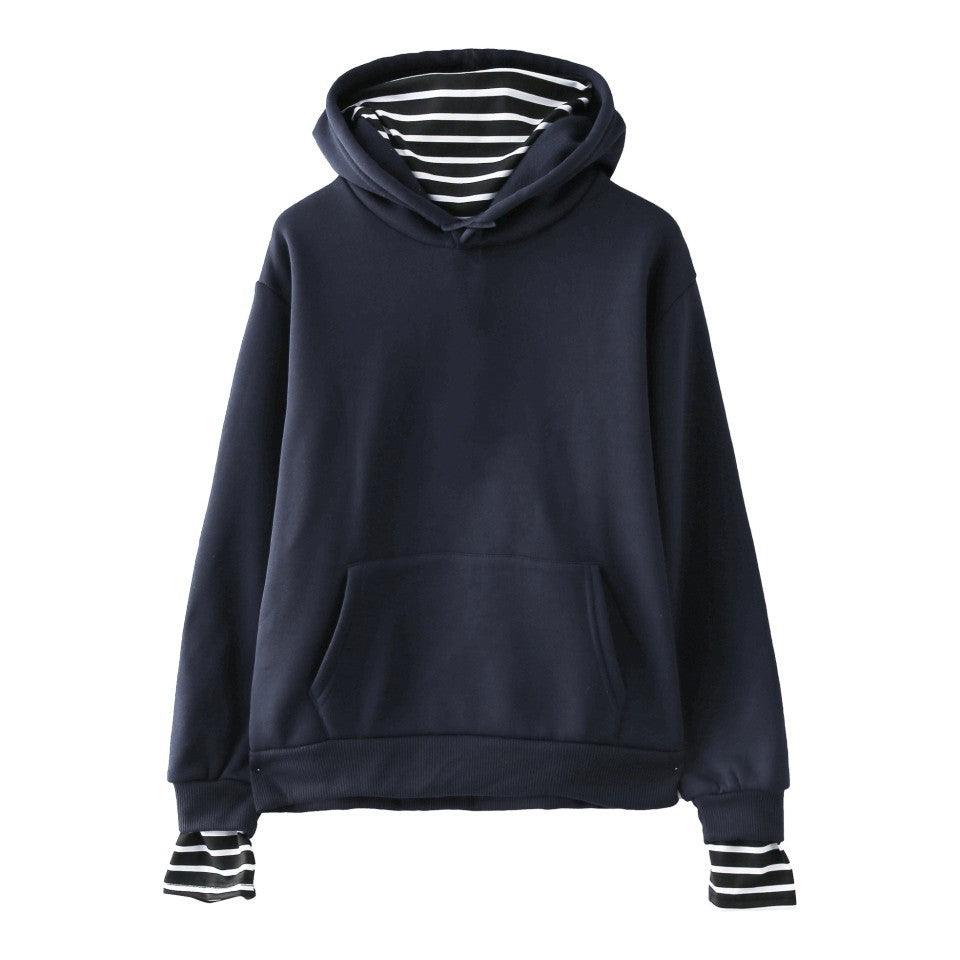 Solid Color False Two-piece Hooded Pullover Fleece Striped Oversleeves Korean Style Trendy Hooded Blank Fake Two Pieces - Nioor