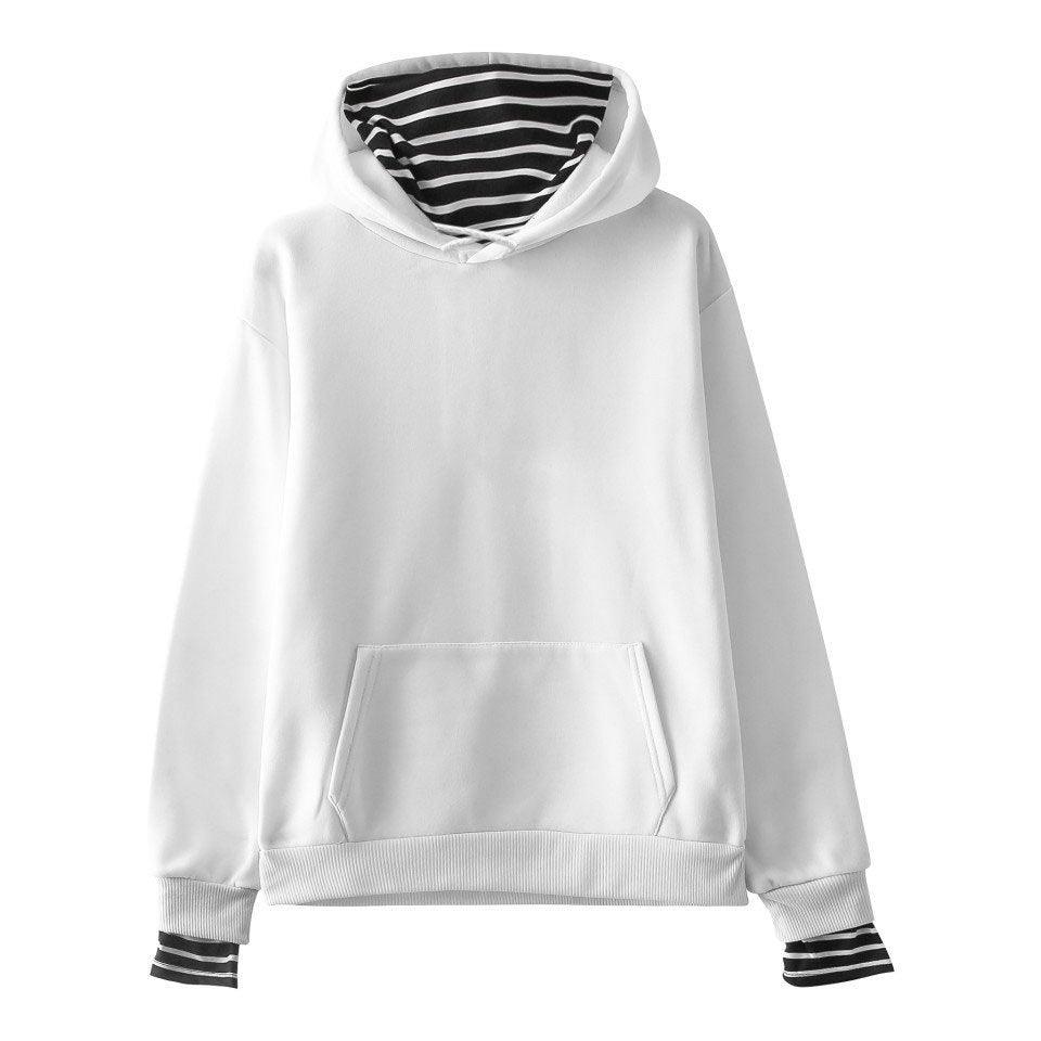 Solid Color False Two-piece Hooded Pullover Fleece Striped Oversleeves Korean Style Trendy Hooded Blank Fake Two Pieces - Nioor