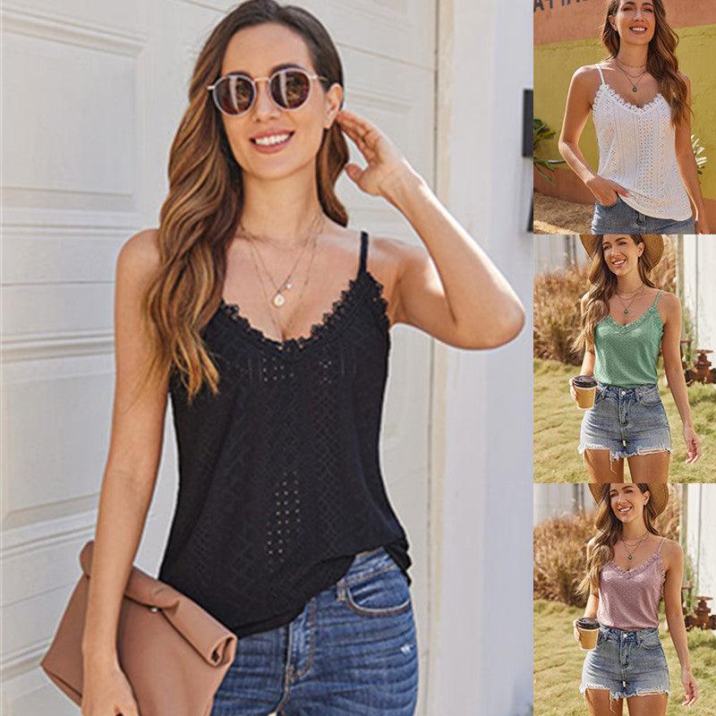 Solid Color Hollow Lace Strappy T-shirt - Nioor