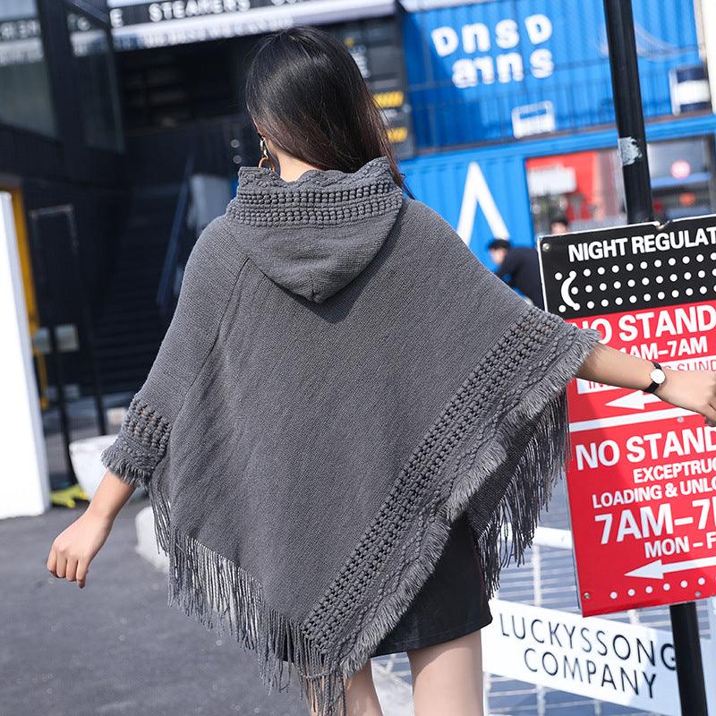 Solid Color Hollow Tassel Plus Size Cape And Shawl - Nioor