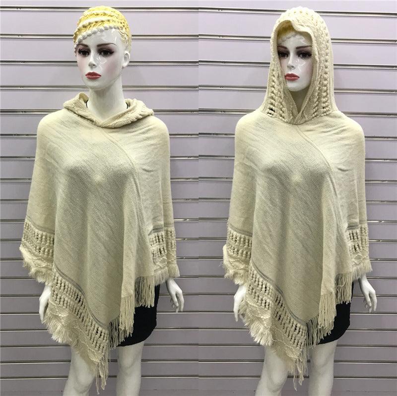 Solid Color Hollow Tassel Plus Size Cape And Shawl - Nioor