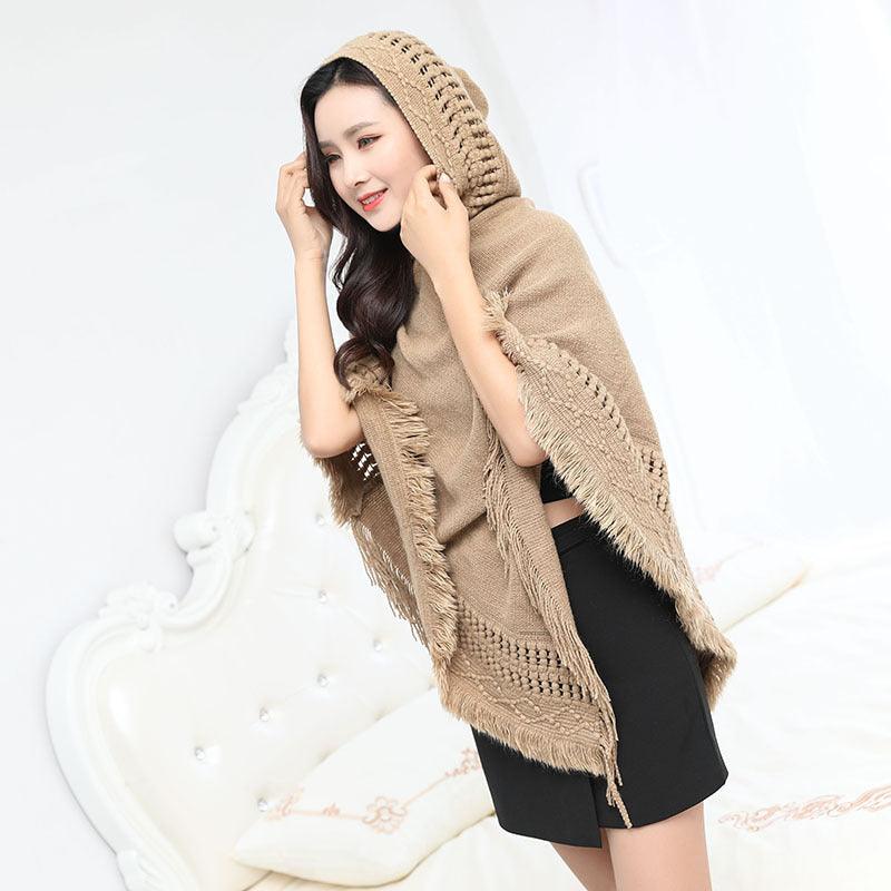 Solid Color Hollow Tassel Plus Size Cape And Shawl - Nioor