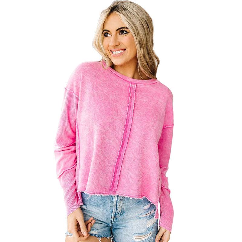 Solid Color Hoodie Women's Raw Edge Exposed Seam Pullover Long Sleeve Top - Nioor