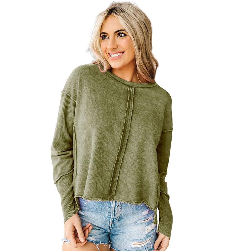 Solid Color Hoodie Women's Raw Edge Exposed Seam Pullover Long Sleeve Top - Nioor