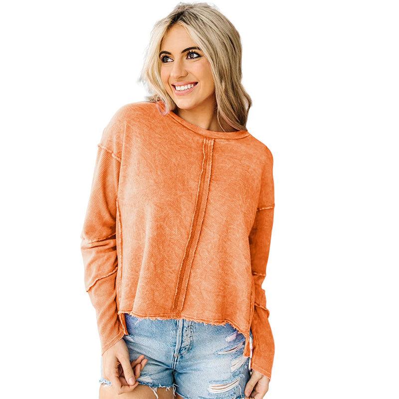 Solid Color Hoodie Women's Raw Edge Exposed Seam Pullover Long Sleeve Top - Nioor