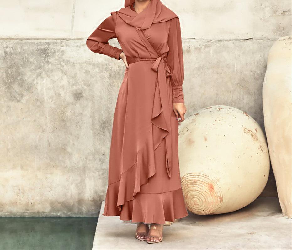 Solid Color Irregular Ruffled Tied Long Dress - Nioor