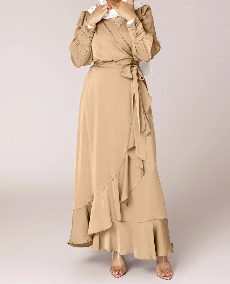 Solid Color Irregular Ruffled Tied Long Dress - Nioor