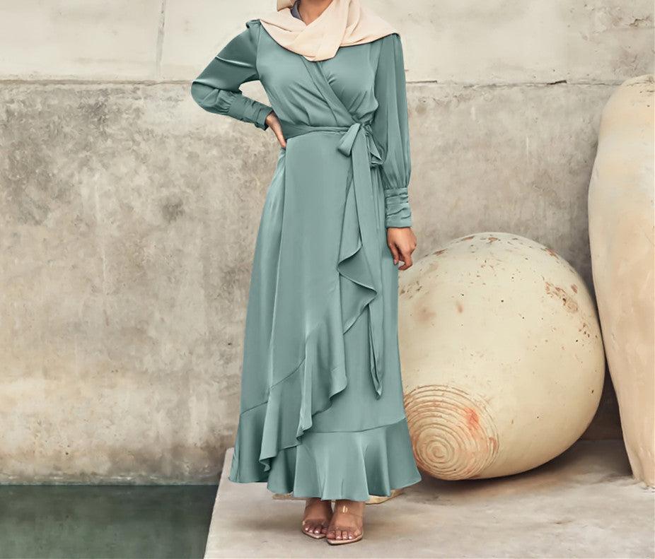 Solid Color Irregular Ruffled Tied Long Dress - Nioor