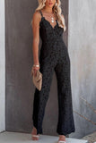 Solid Color Lace Stitching Sleeveless Casual Suspender Jumpsuit - Nioor