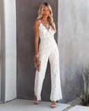 Solid Color Lace Stitching Sleeveless Casual Suspender Jumpsuit - Nioor