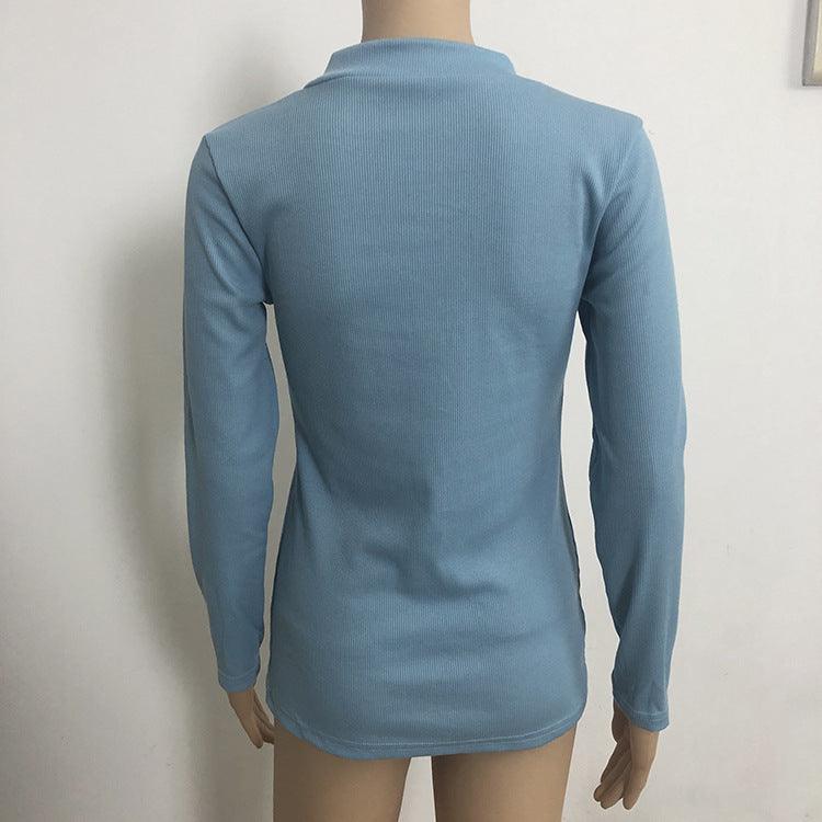 Solid Color Long Sleeve Slim Fit Zipper T-Shirt Top - Nioor