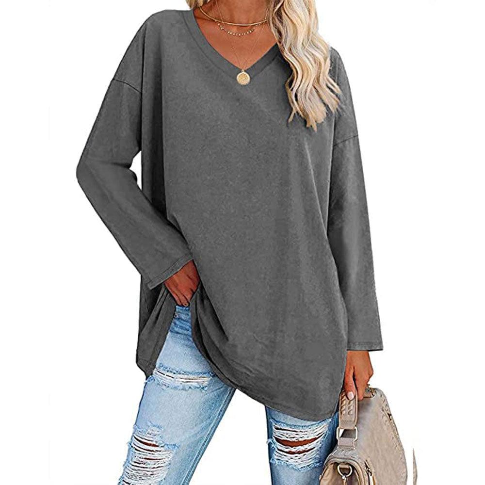 Solid Color Loose Drop Shoulder Sleeve V Neck Long Sleeve Blouse - Nioor